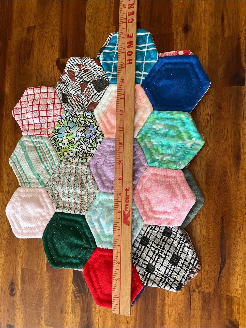2 Vtg Geometric Handmade Placemats From Old 70s Fabric Pieces MCM Retro